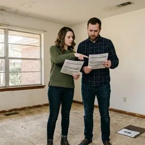 Homebuyers comparing home inspection reports in an older DFW ranch home