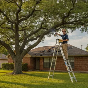 Home inspector on ladder examining roof damage on Fort Worth brick home
