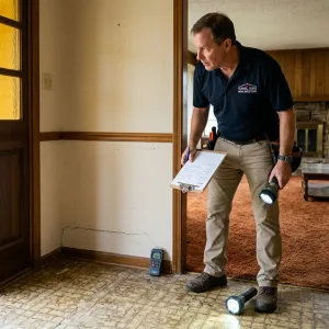 Home inspector examining foundation in Hurst TX home with moisture meter and clipboard