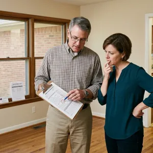 DFW homebuyers reviewing home inspection reports while standing in empty ranch home