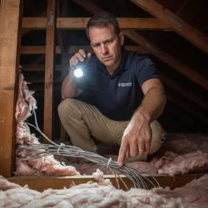 Home inspector examining aluminum wiring in attic with flashlight during inspection