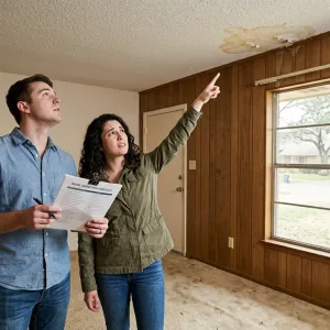 Couple examining water damage in DFW home during inspection decision process