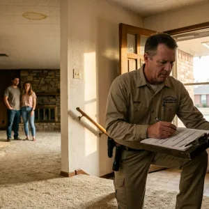 Home inspector examining foundation in North Richland Hills brick ranch home with buyers watching