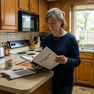 Homeowner reviewing inspection report in kitchen, taking control of home sale