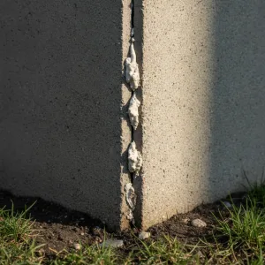 Vertical crack in foundation corner showing corner pop damage on North Texas home