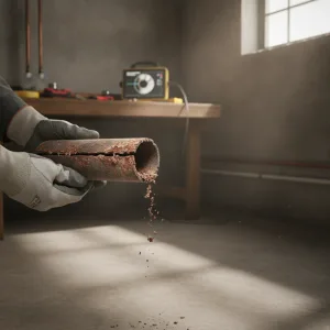 Corroded cast iron pipe section held by plumber in Euless home basement during inspection
