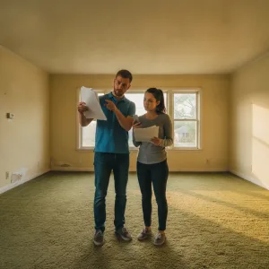Homebuyers reviewing documents in empty house before inspection