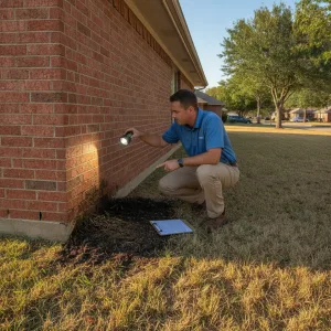 Home inspector examining soil piled against foundation brick line of Dallas home