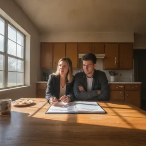 Real estate agent reviewing home inspection report with concerned buyers at kitchen table