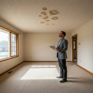 Real estate agent reviewing inspection notes in a dated home interior