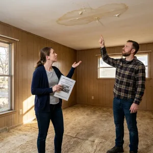 Fort Worth home buyers examining water damage during inspection of ranch-style home