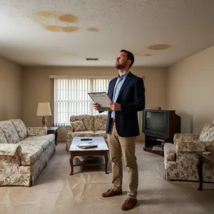 Real estate investor reviewing inspection report in Fort Worth home with visible ceiling damage