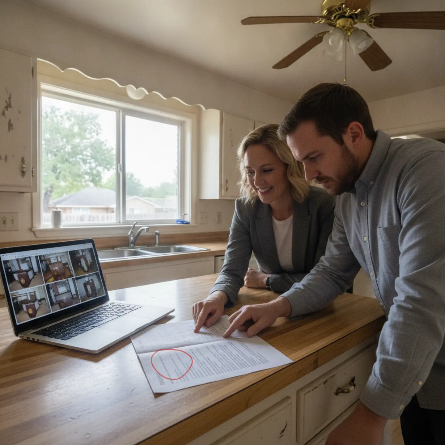 Real estate agent explaining bad home inspection report findings to buyer at kitchen counter