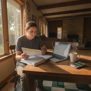 Homebuyer reviewing inspection report while drafting Texas repair amendment at kitchen table