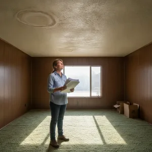 Cash buyer reviewing home inspection report while examining water damage in DFW home